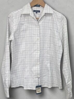 Faconnable Women's Cotton Dress Shirt Long Sleeve White Blue Checkered NWT Small